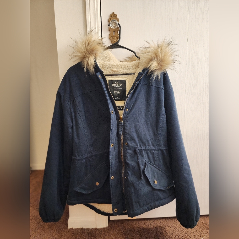 Hollister Navy Jacket with Faux Fur Hood